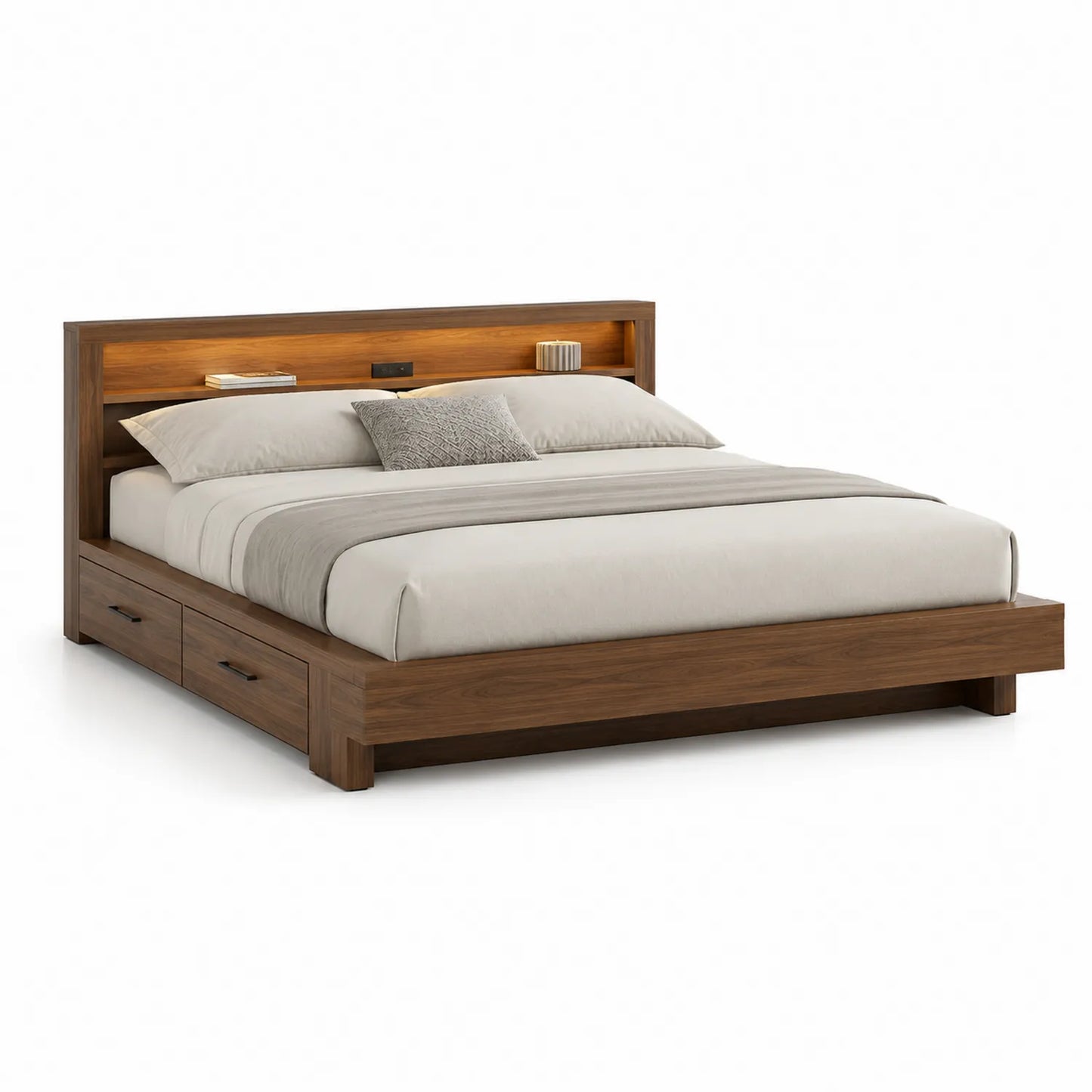 Holzbett mit Schubladen und Kopfteilregalen 200x180cm Braun