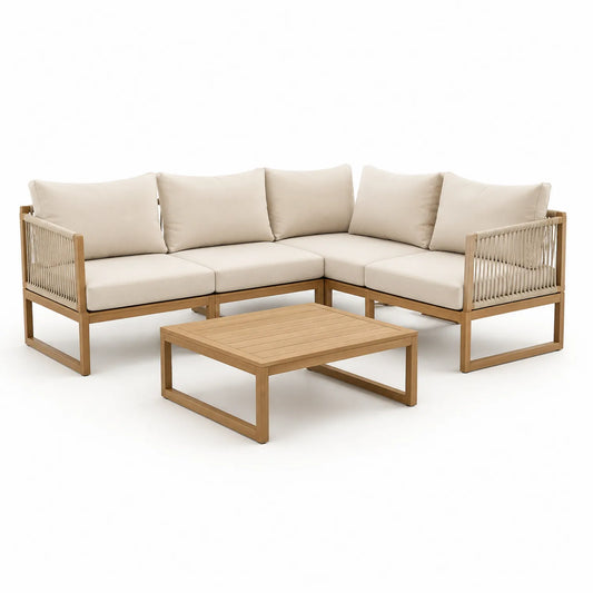 Holz Gartensofa Set mit Beistelltisch und Hellbeige Kissen