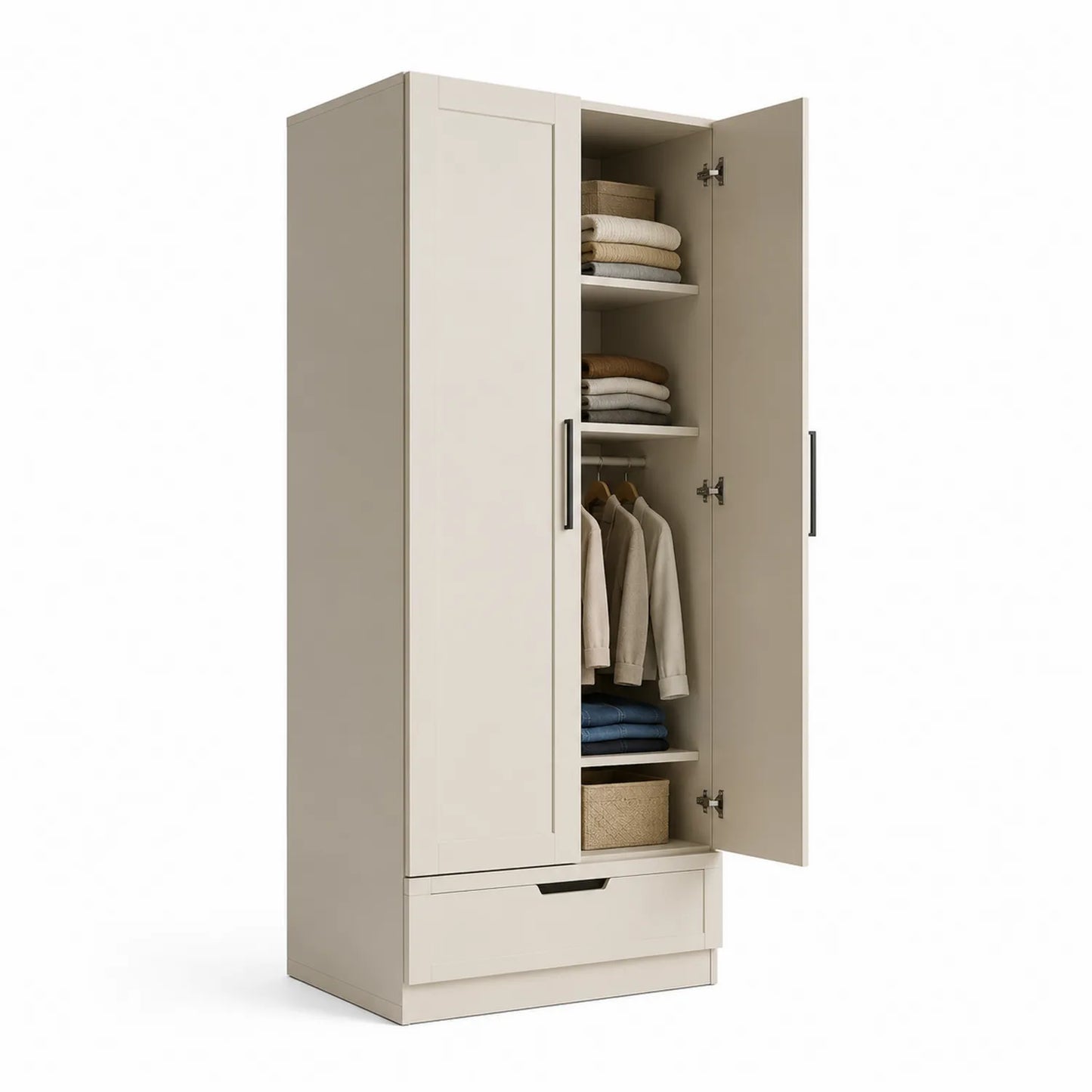 Holzkleiderschrank mit 2 Türen und 1 Schublade, Beige, 200 cm