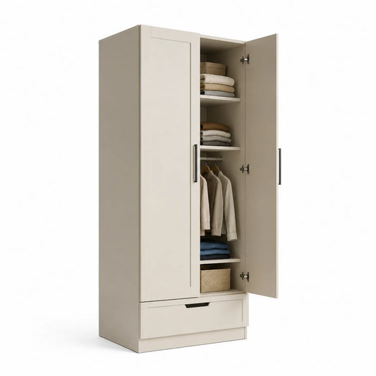 Holzkleiderschrank mit 2 Türen und 1 Schublade, Beige, 200 cm