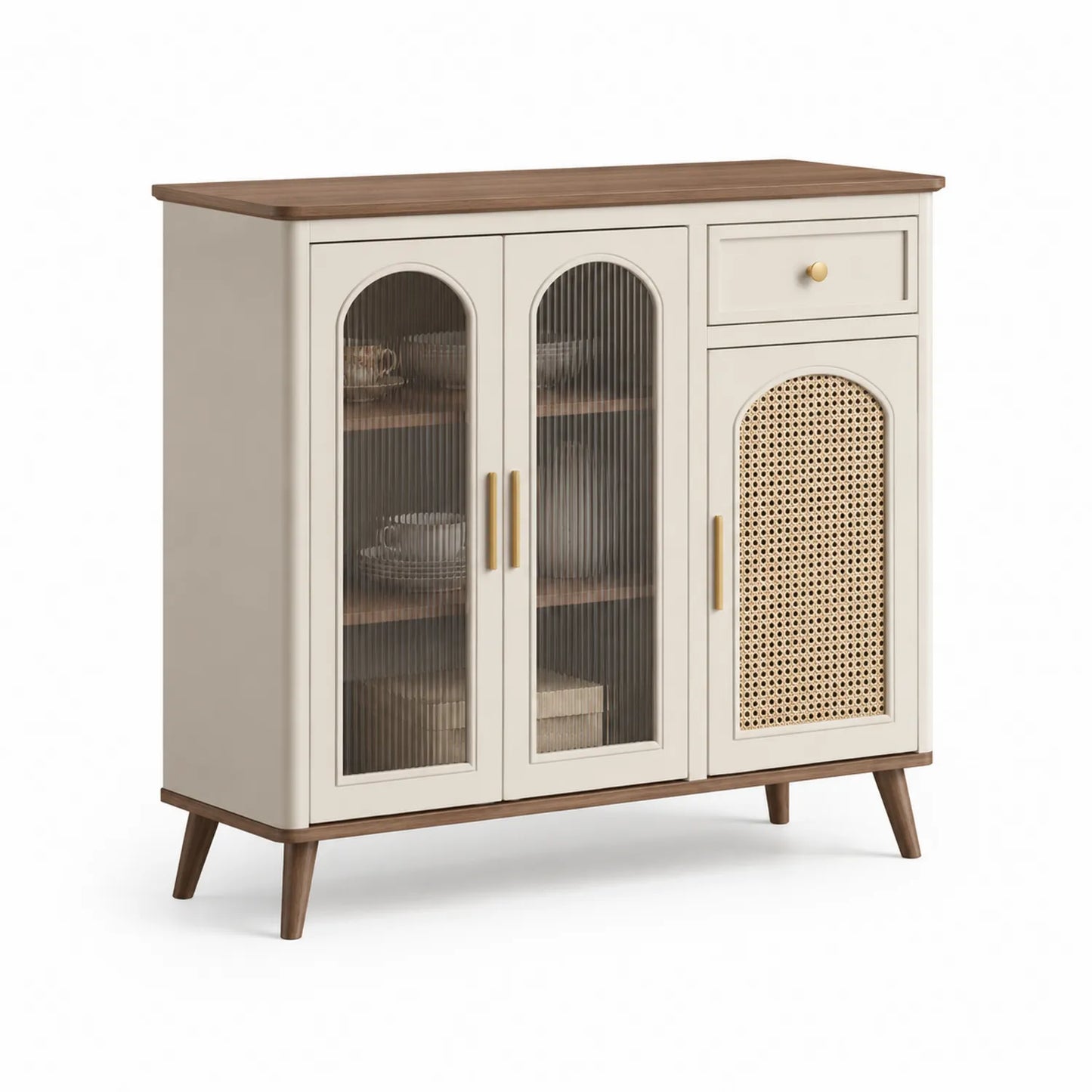 Sideboard mit MDF, geriffeltem Glas und Rattan in Weiß und Natur 120x35x85cm