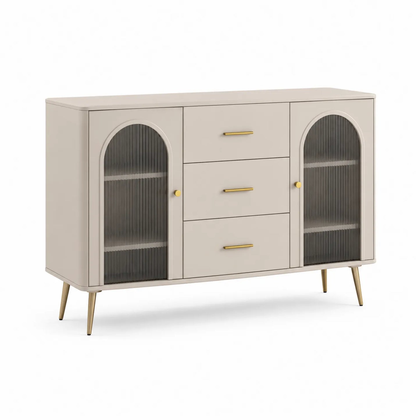 Beiges Sideboard mit Riffelglasfronten und Metallbeinen