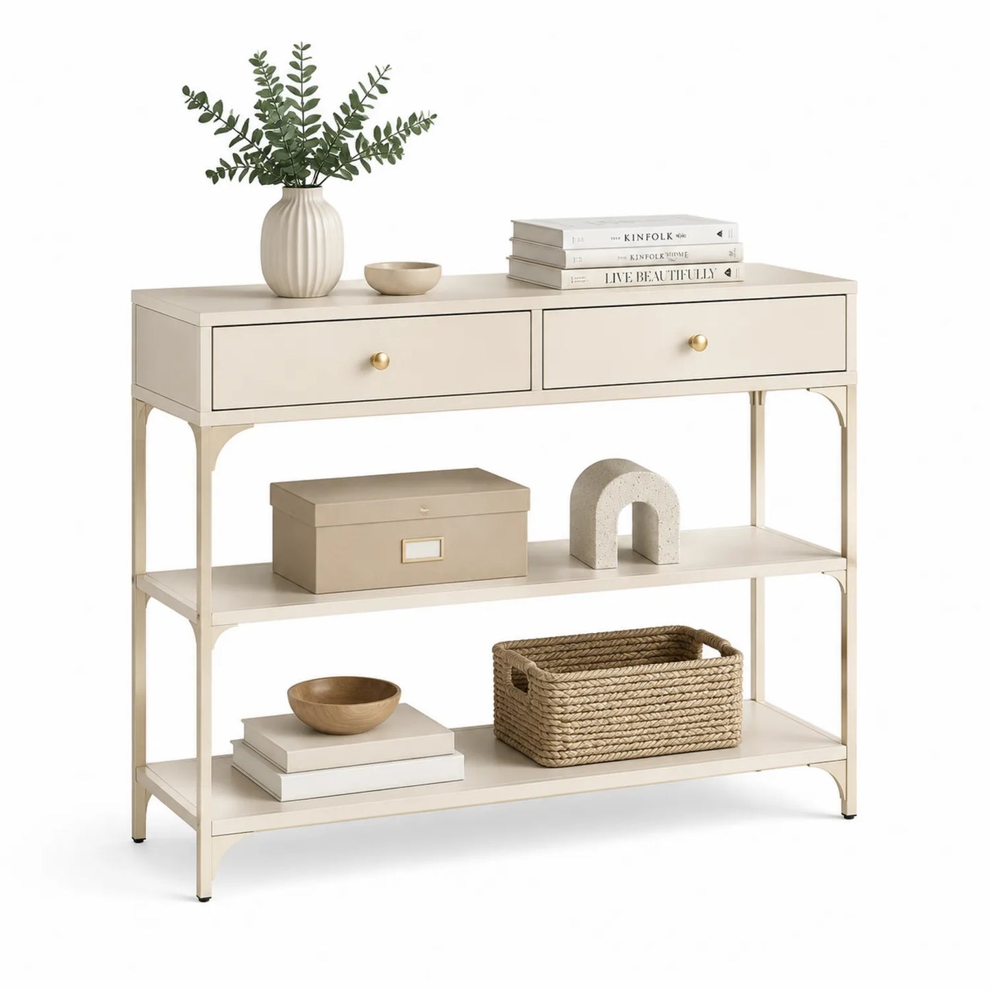 Metall-Konsolentisch mit 2 Schubladen in Creme, 120x40x80 cm