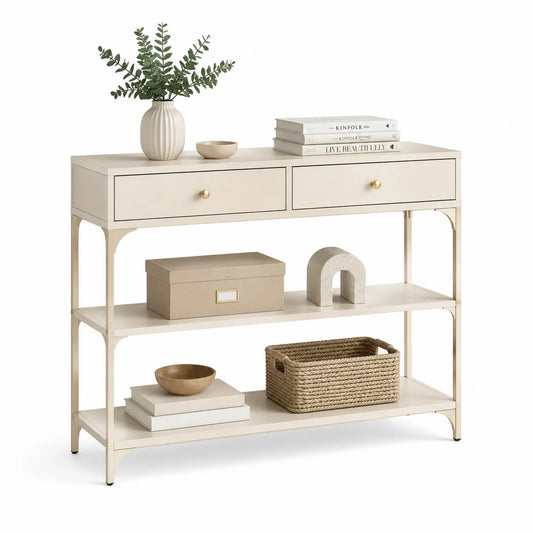 Metall-Konsolentisch mit 2 Schubladen in Creme, 120x40x80 cm