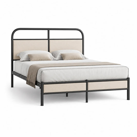 Metallbett mit Leinen-Polsterkopfteil Beige und Schwarz 200x140 cm