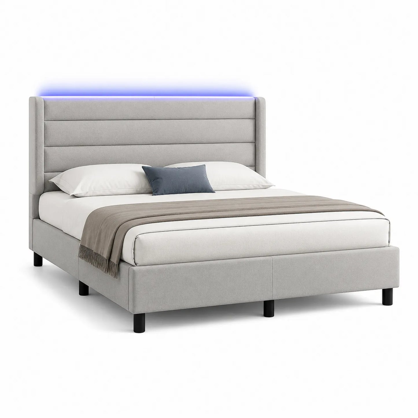 Polsterbett mit LED-Beleuchtung 160x200 cm grauer Stoff