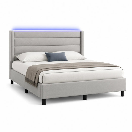 Polsterbett mit LED-Beleuchtung 160x200 cm grauer Stoff