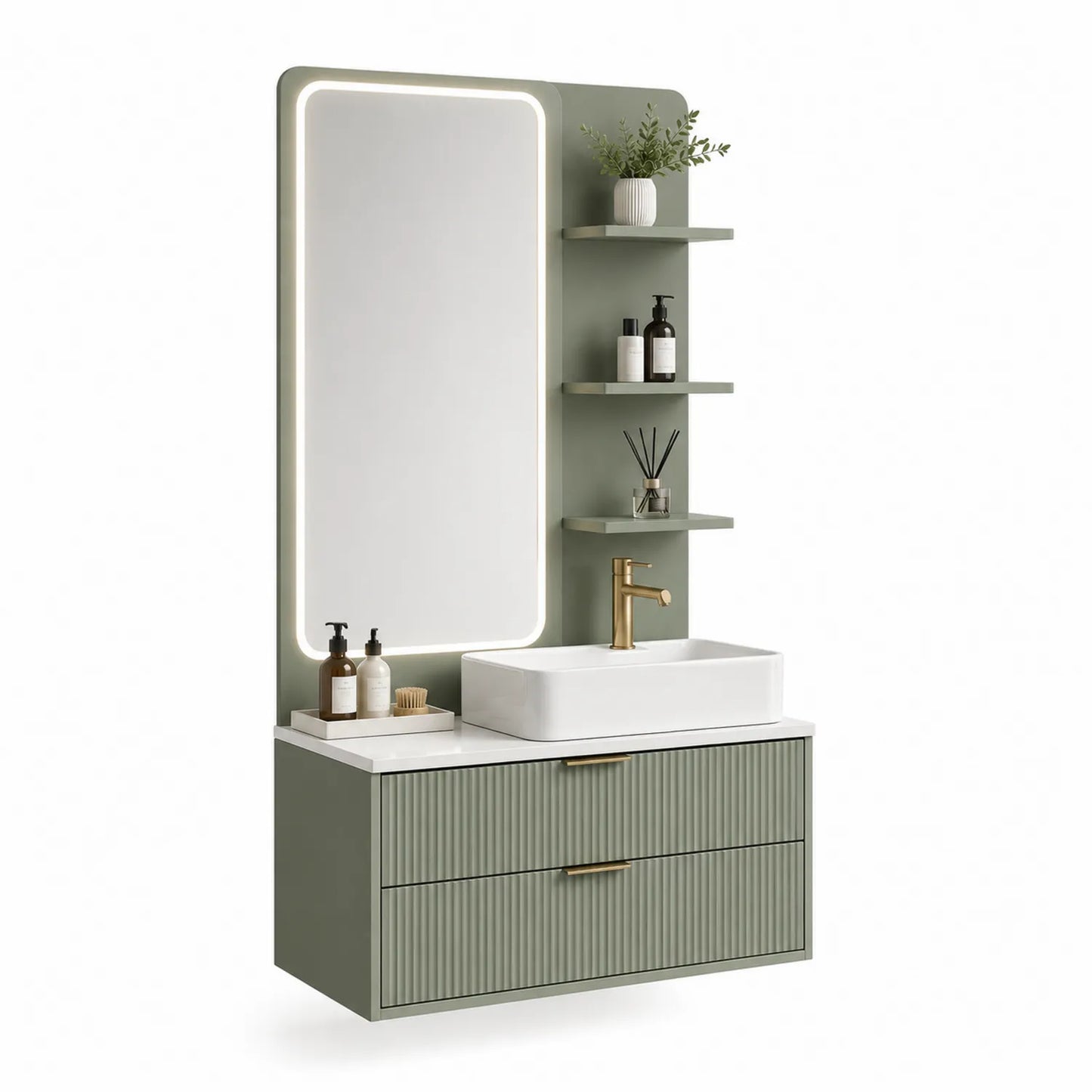 Badezimmermöbel Set mit Spiegel, MDF und Keramik Waschbecken, Grün