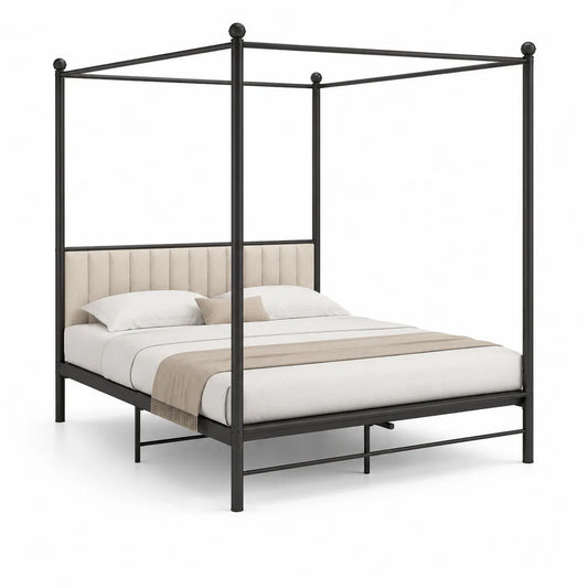 Metall Himmelbett mit Polsterkopfteil Schwarz/Beige
