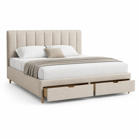 Stoffbett mit Kopfteil und Schubladen 200x180 cm Beige