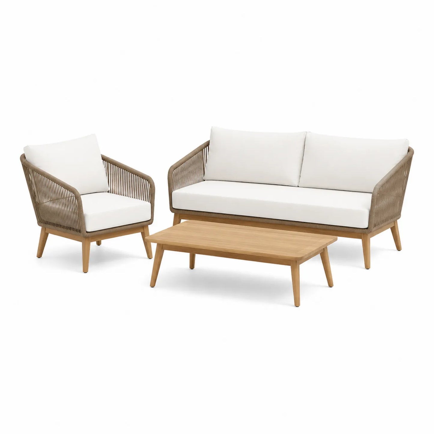 Outdoor-Möbelset aus Teakholz mit Sofa, Sessel und Tisch, Beige/Weiß