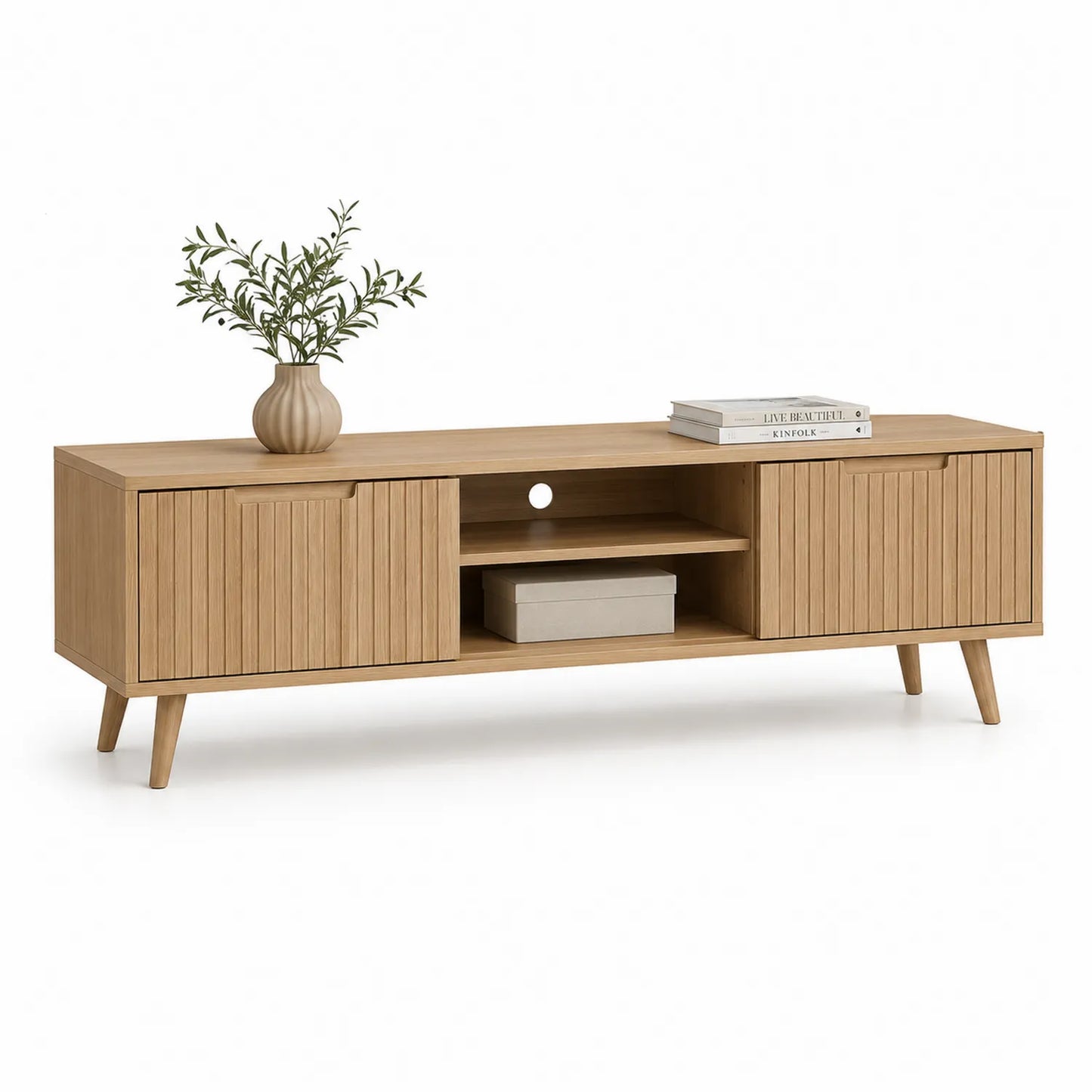 TV-Schrank Eichenholz mit Türen und offenen Fächern 150cm