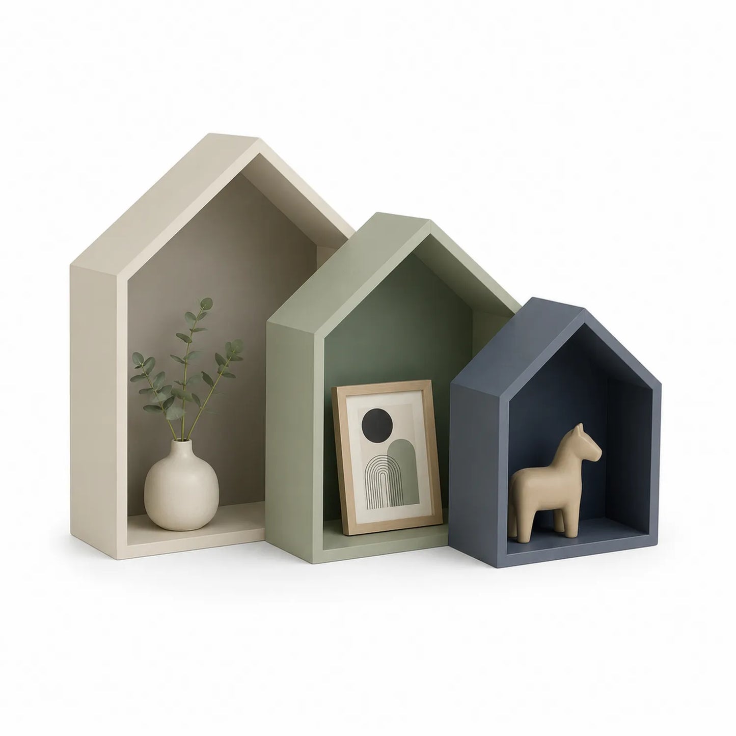MDF Regalset in Hausform Beige/Grün/Dunkelblau 3-teilig