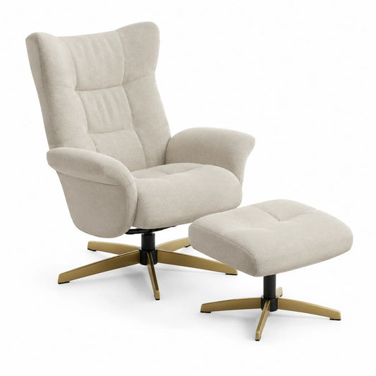 Stoff Sessel- und Hocker-Set Beige mit Metallbasis