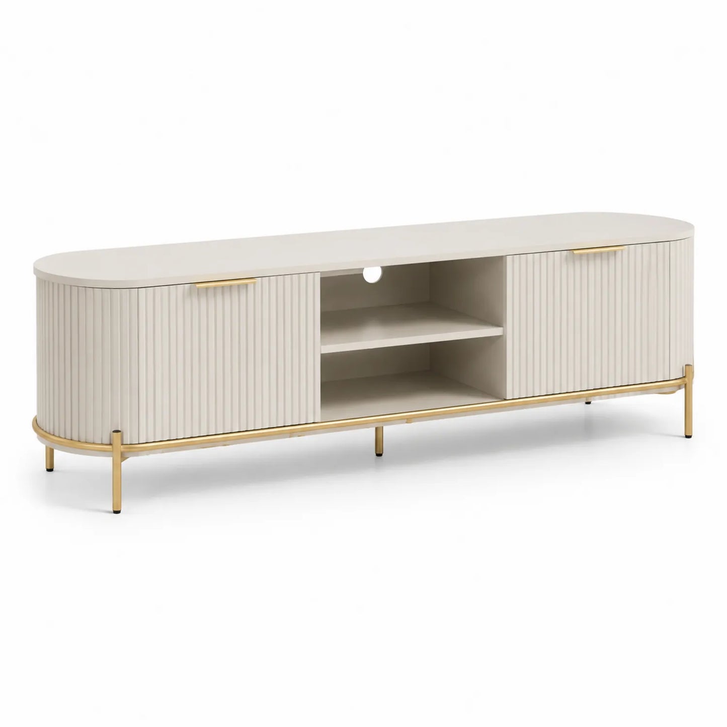 TV-Lowboard mit 2 Türen und Regal aus Holzfaserplatte und Edelstahl, Beige 180x40x45 cm