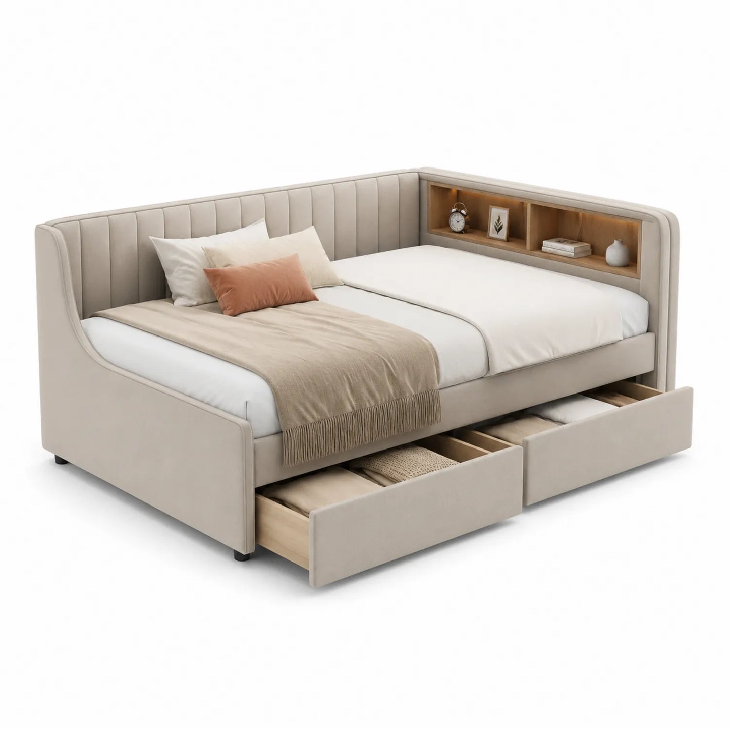 Beige Stoff Tagesbett mit Stauraum und Regal