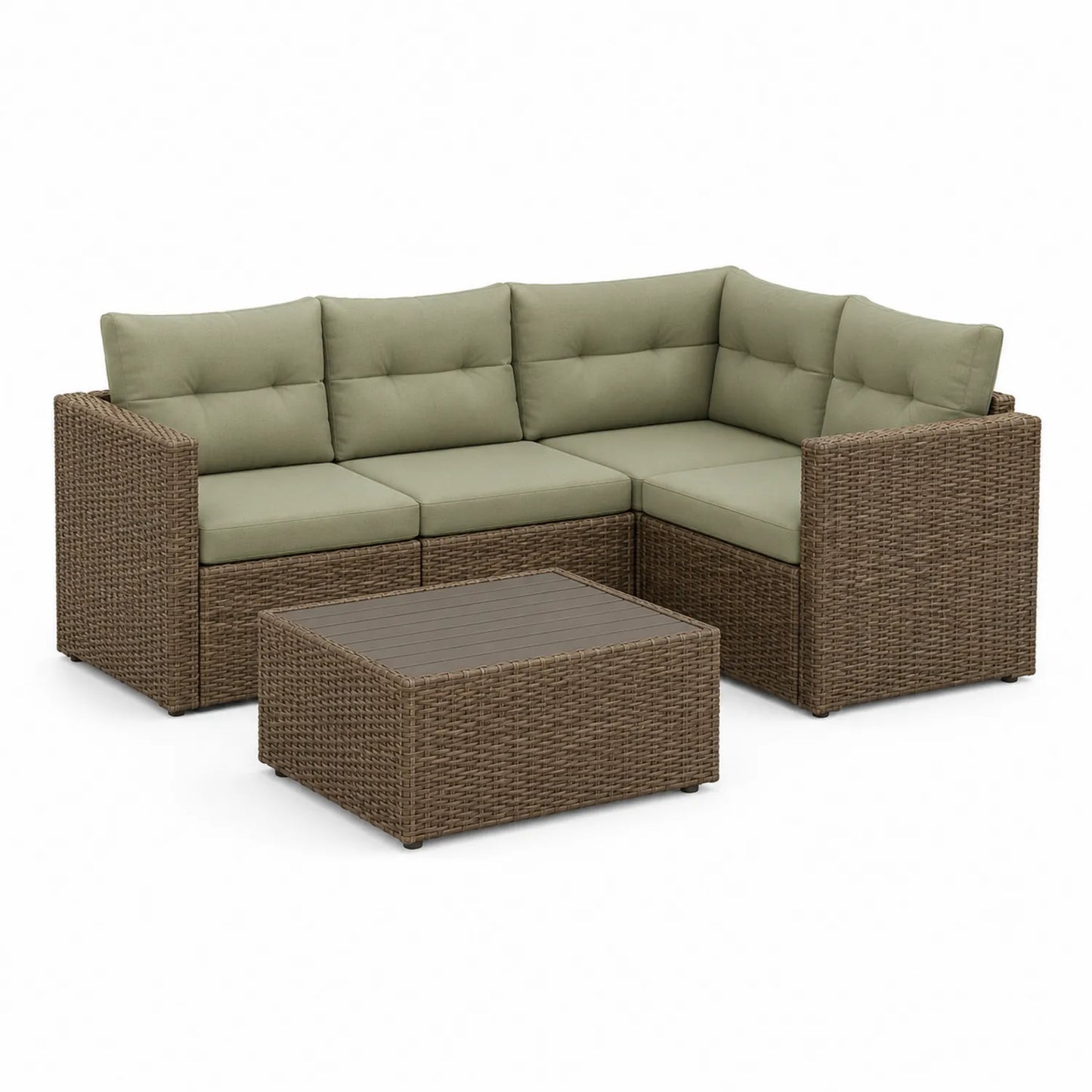 Rattan Ecksofa Set mit grünen Kissen