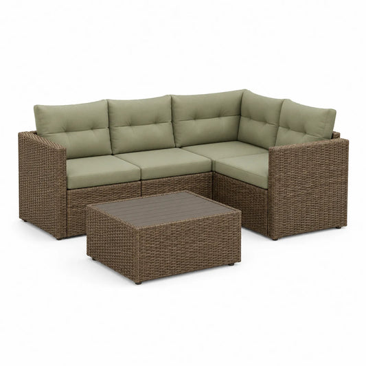 Rattan Ecksofa Set mit grünen Kissen