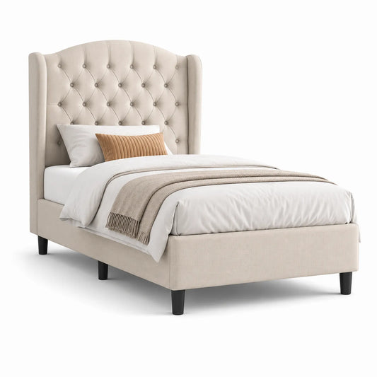 Einzelbett aus Polyestergewebe Beige mit hohem Kopfteil