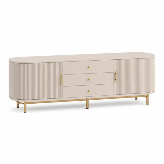 Elliptisches TV-Möbel mit 2 Türen und 3 Schubladen, Holz, Metallbeine, 150 x 45 x 60 cm, Creme und Gold