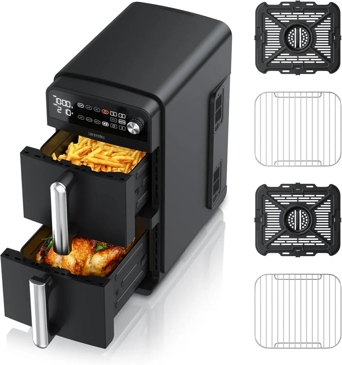 Heißluftfritteuse 3in1, 11 L, 2400 W, Grill, 3D-Optik, 2 Grillroste, PFAS BPA-frei, 2 Zonen, 8 Sensortasten, 3D Umluftsystem