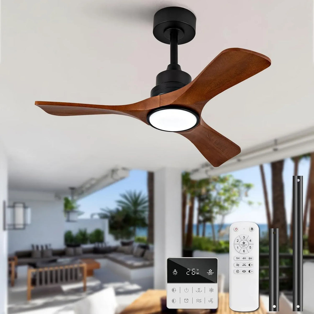 Ventilator, Outdoor, Schwarz, Ventilator zur Luftzirkulation, Deckenventilatoren mit Beleuchtung und Fernbedienung