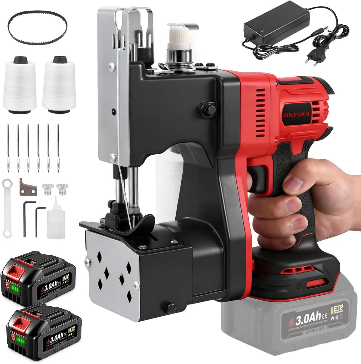 8-15mm Sacknähmaschine, Fadenschneider, elektrische Nähmaschine, 210 W, 15 mm, 2600 Stiche, kabellos, für Sandsäcke, ONEVAN