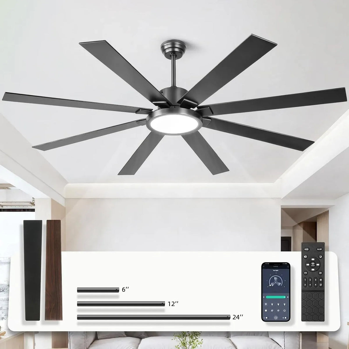 Ventilator, 183,9 cm, Outdoor, App, Schwarz, dimmbar, App-Steuerung, 8 Flügel