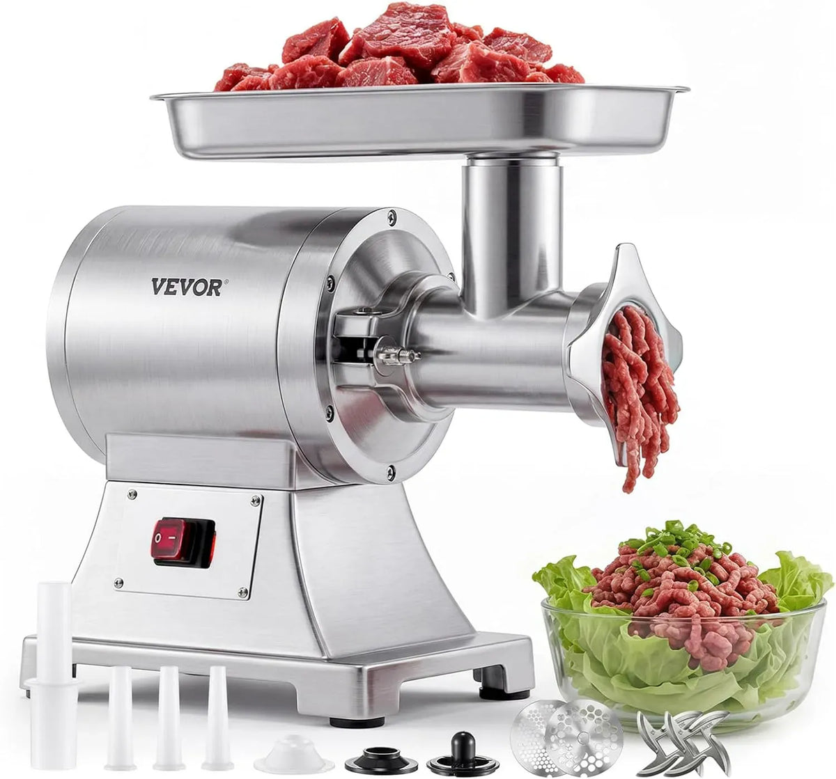 VEVOR 2-in-1 Küchenmaschine, 750 W, Restaurant, #12 Elektrischer Fleischwolf mit 2 Lochscheiben, 3 Wurstfüllrohren & Kibbeh-Set, 4,2 kg