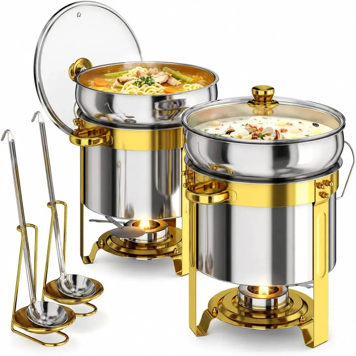 Chafing Dish Warmhaltebehälter, 11 L, Suppenwärmer, 2 Stück, 2 Stück Suppenwärmer Set 11L Chafing Dish Rund mit Glasdeckel