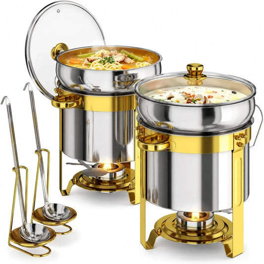 Chafing Dish Warmhaltebehälter, 11 L, Suppenwärmer, 2 Stück, 2 Stück Suppenwärmer Set 11L Chafing Dish Rund mit Glasdeckel