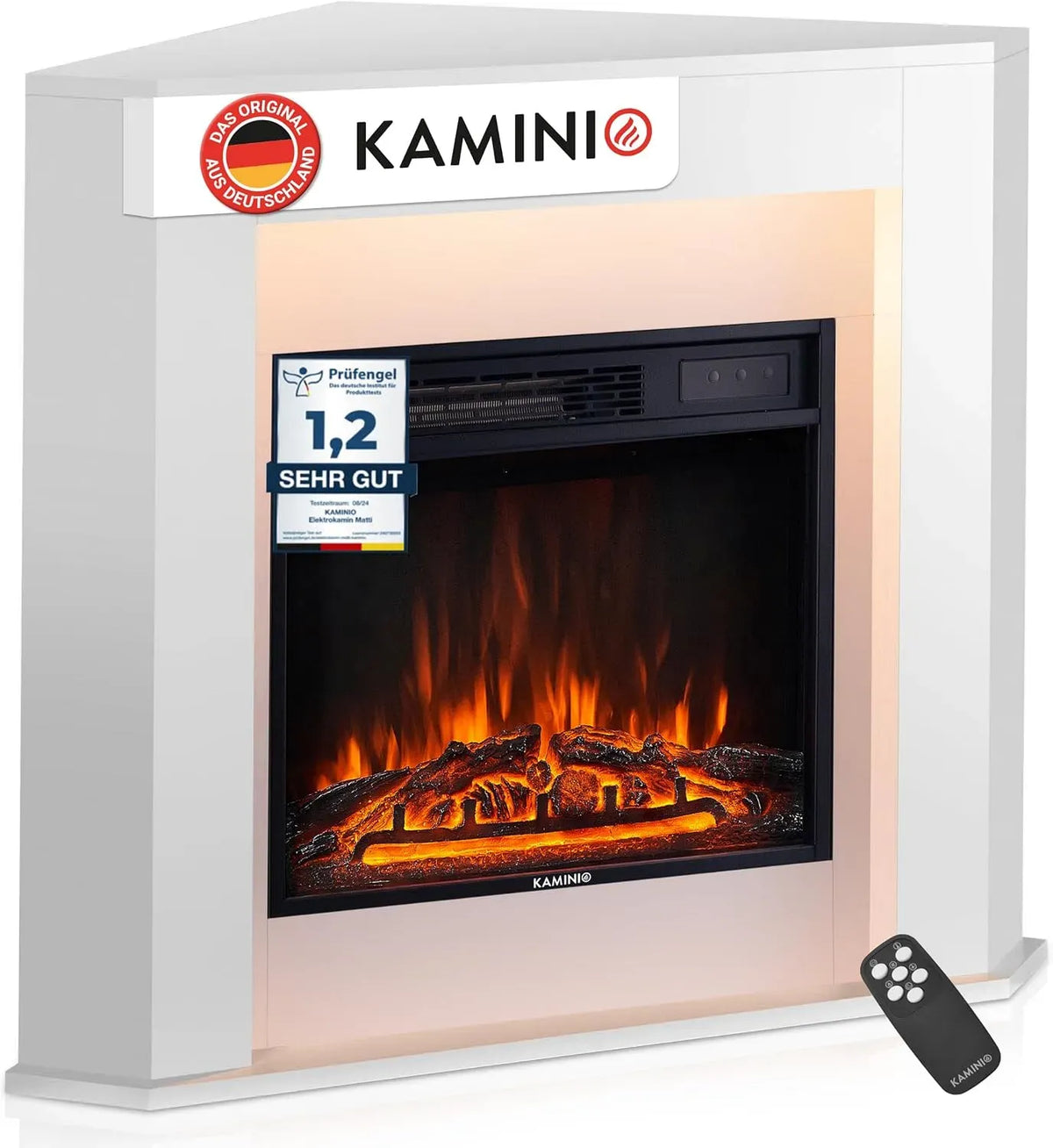 Elektrokamin, Standkamin, ECKKAMIN, Heizung, elektrischer Kamin, Wärmefunktion, Weiß